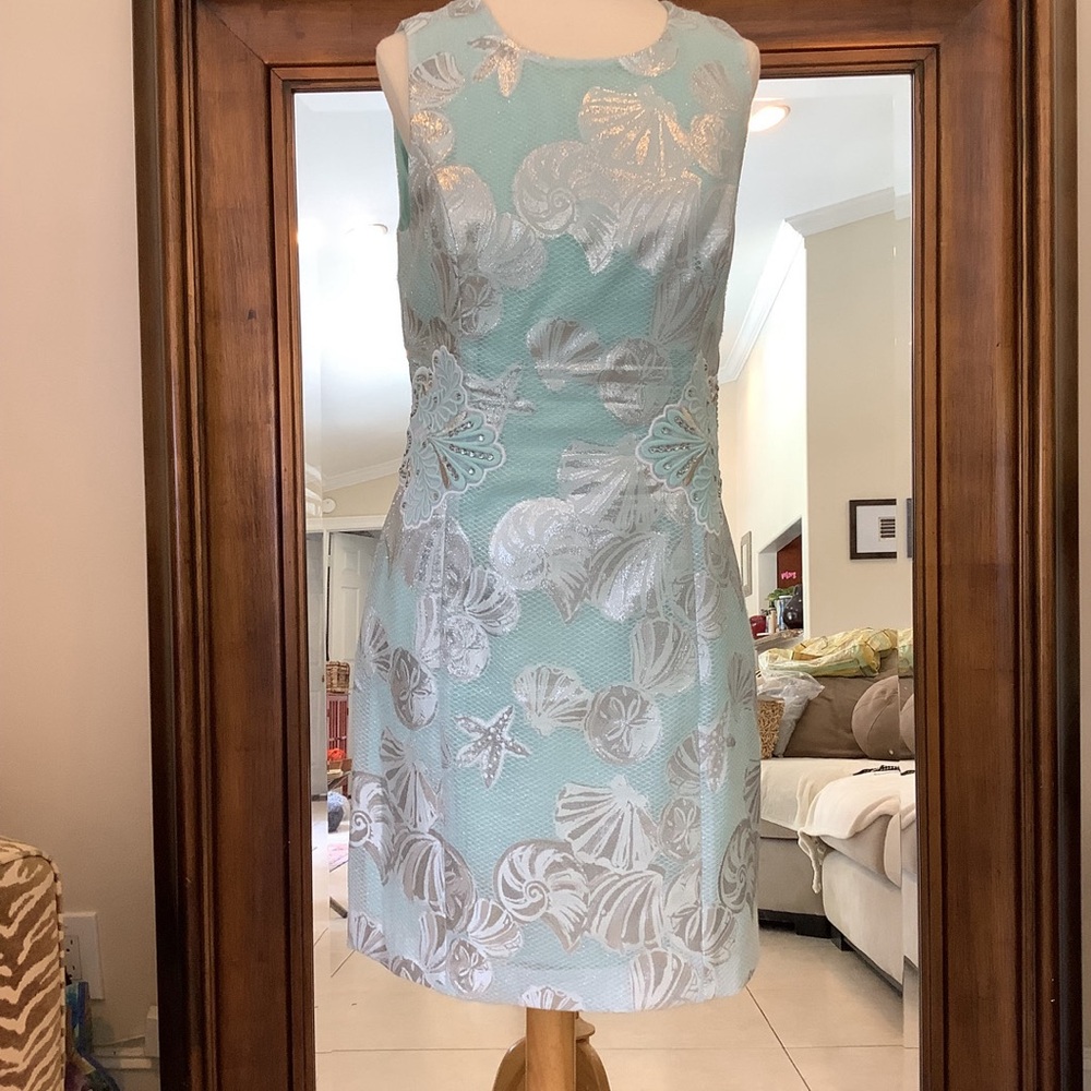 Lilly Pulitzer Mila Shift Dress Metallic Shell Jacquard Blue Sea Salt Tint Sz 6